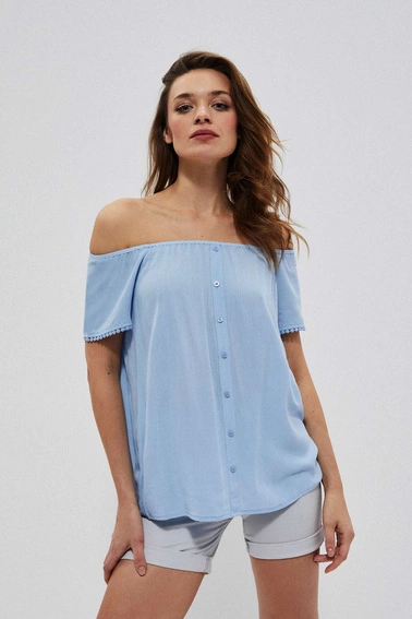 Gładka bluzka koszulowa z wiskozy niebieska