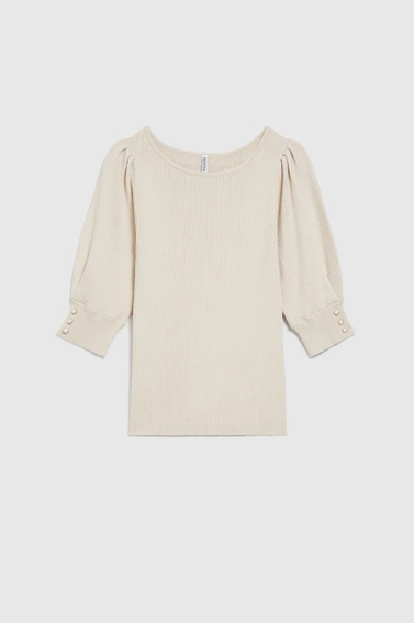 Prążkowany sweter z bufiastymi rękawami beżowy