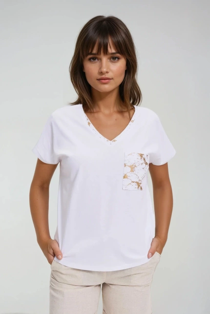 Bawełniany t-shirt z ozdobną kieszenią biały