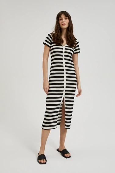 Sukienka w paski zapinana na guziki czarno-beżowa