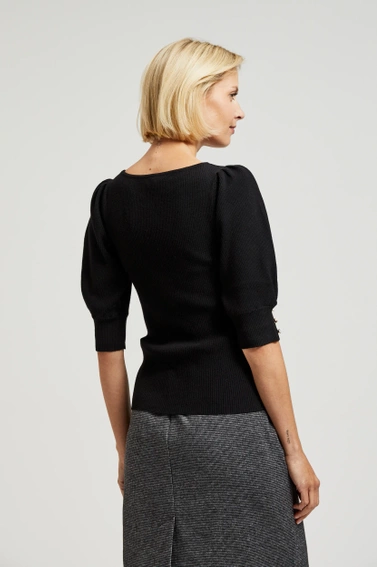 Prążkowany sweter z bufiastymi rękawami czarny