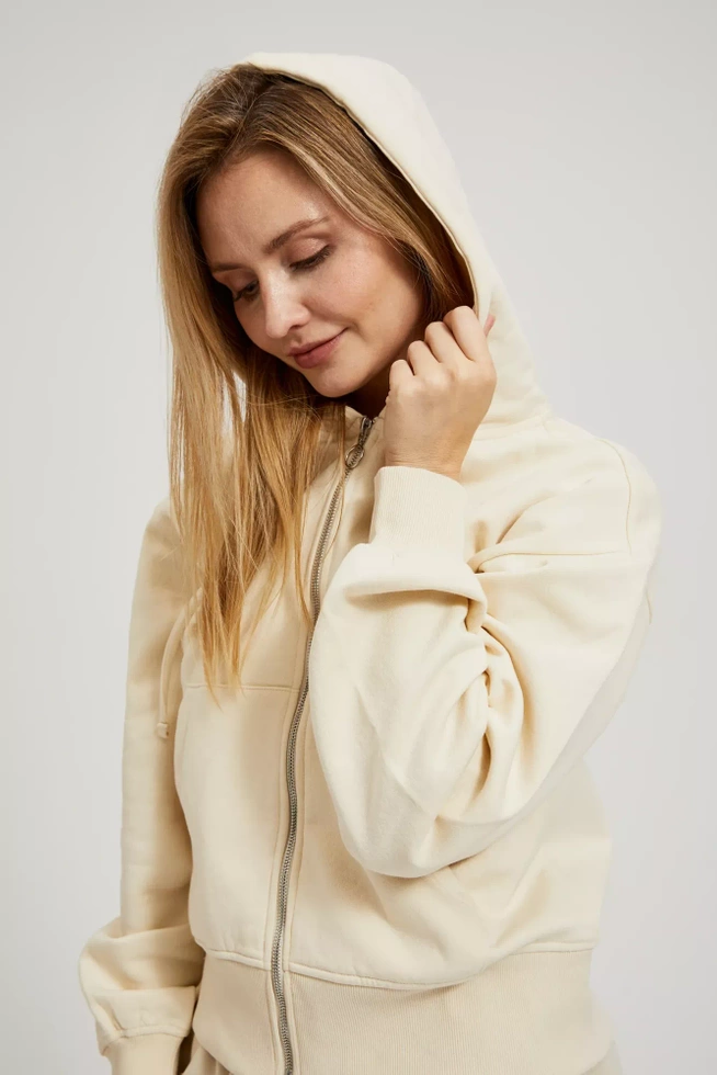 Rozpinana bluza z kapturem i bufiastymi rękawami beżowa