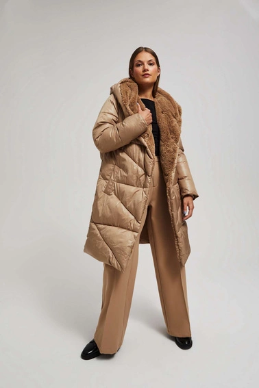 Długa kurtka z kapturem ciemnobeżowa