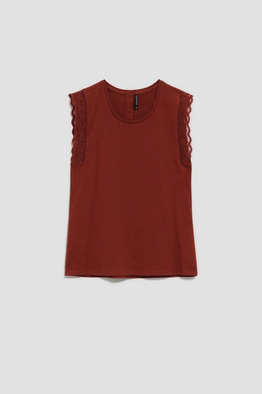 Top z koronką na rękawie brązowy