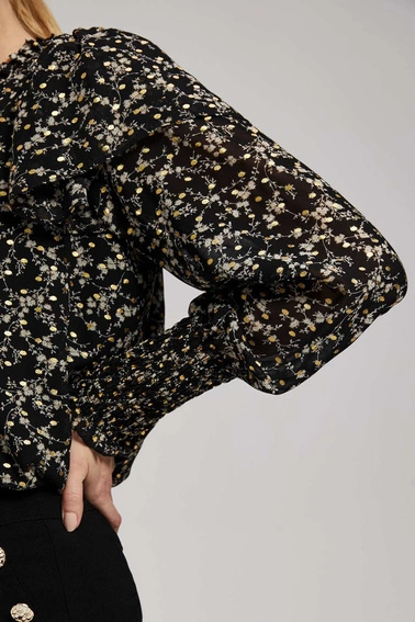 Wzorzysta koszula z wiązaniem na dekolcie czarna