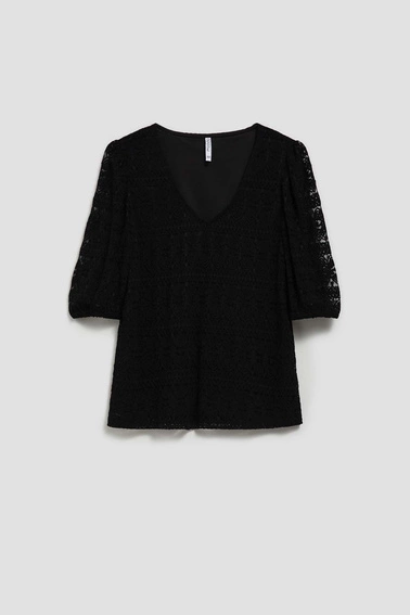 Koronkowa bluzka z bufiastymi rękawami czarna