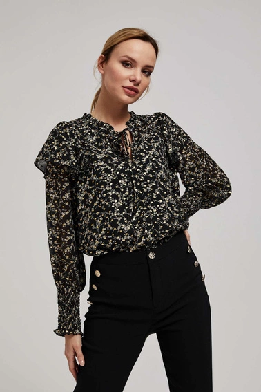 Wzorzysta koszula z wiązaniem na dekolcie czarna