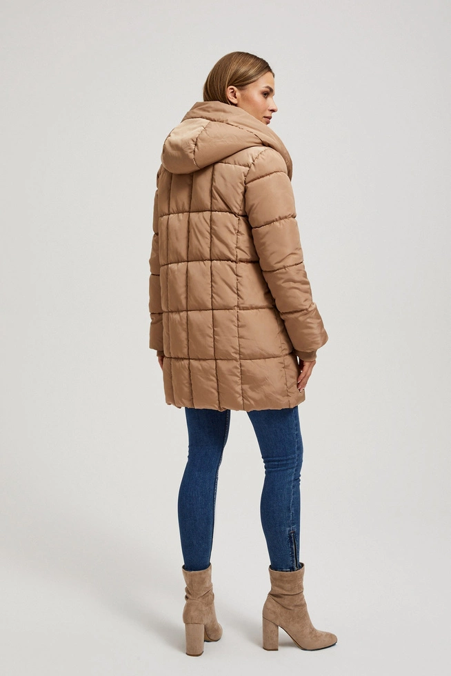 Pikowana kurtka z kapturem ciemnobeżowa