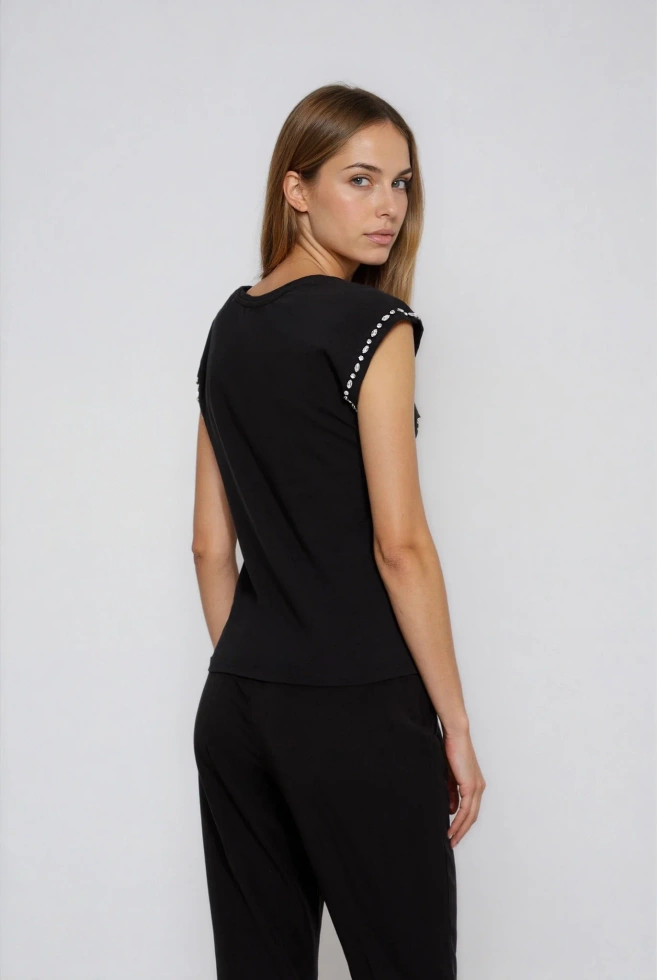 Bawełniana bluzka z ozdobionymi rękawami czarna