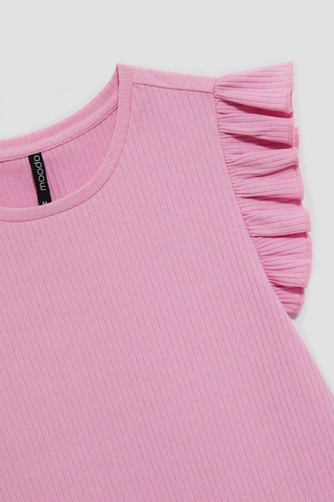 Bluzka z falbaną na ramionach pudrowo-różowa