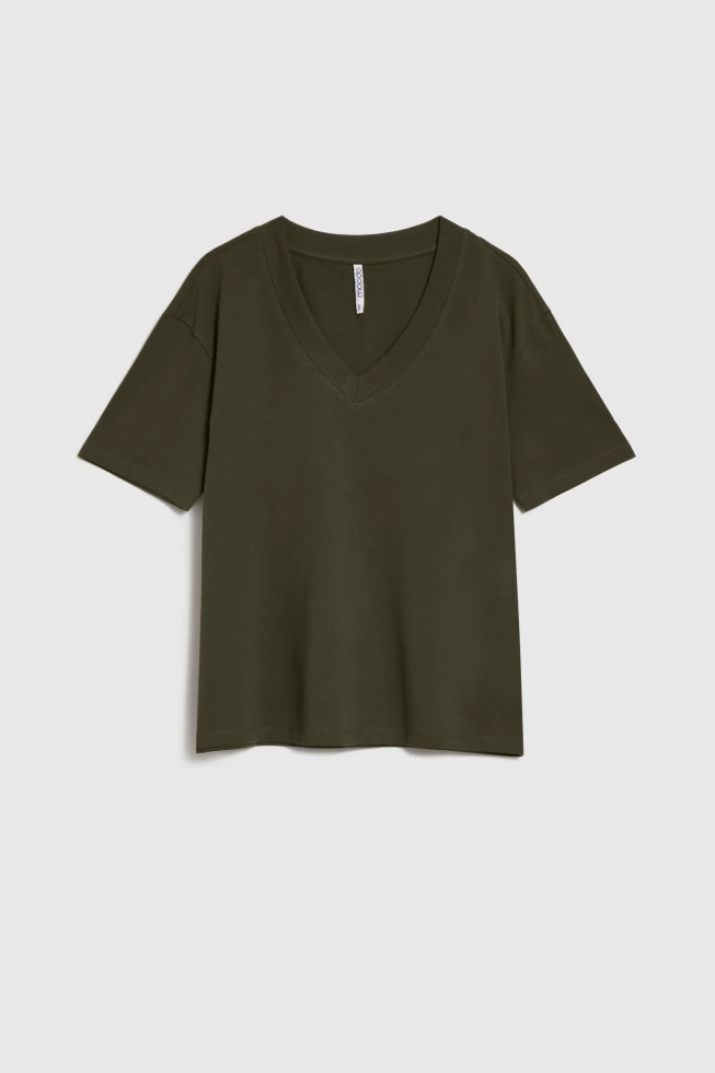 T-shirt z dekoltem w serek oliwkowy