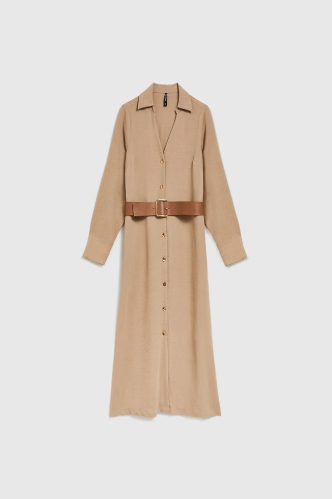 Sukienka midi z szerokim paskiem beżowa