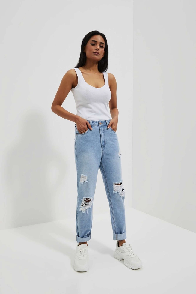 Jeansy mom fit z przetarciami błękitne