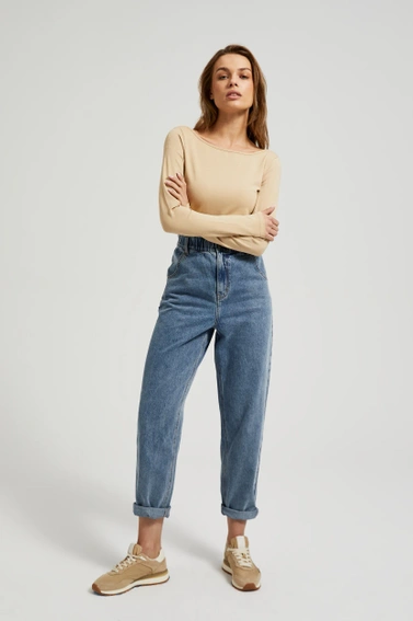 Gładka bluzka z długimi rękawami beżowa