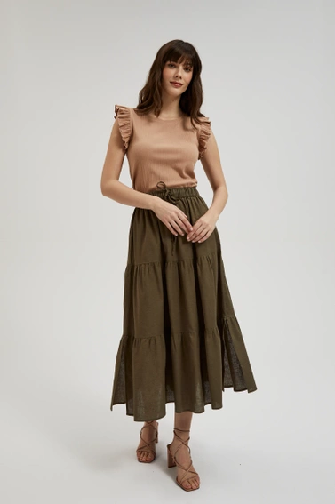 Prążkowana bluzka z falbaną na ramionach beżowa