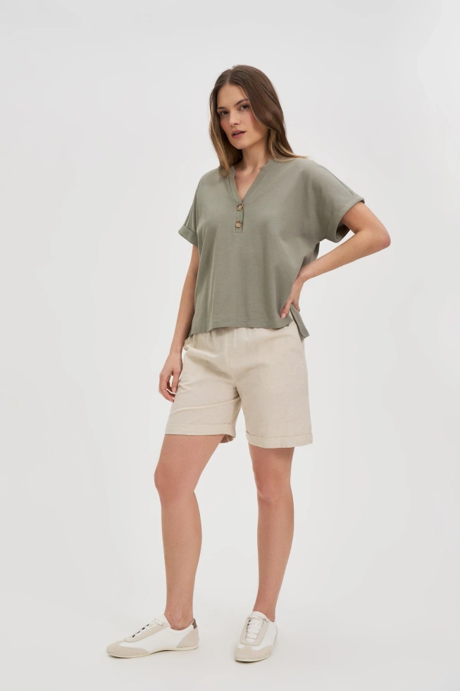 Bluzka z guzikami na dekolcie oliwkowa