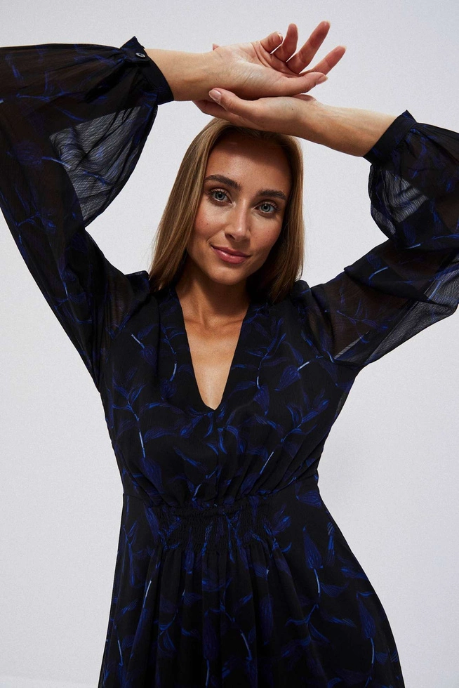 Sukienka midi z printem i bufiastymi rękawami czarna