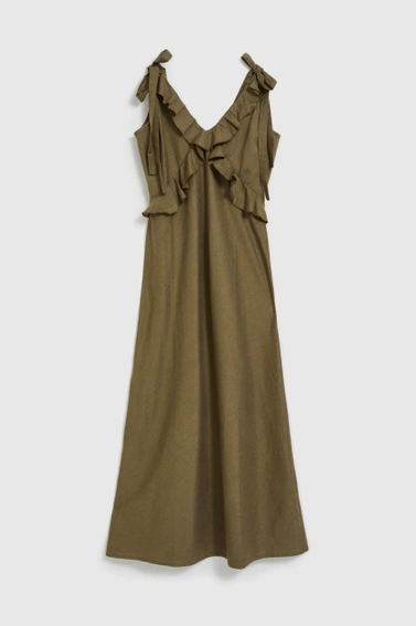 Wiskozowa sukienka z falbankami oliwkowa