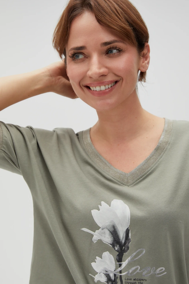 Bawełniana bluzka z nadrukiem oliwkowa