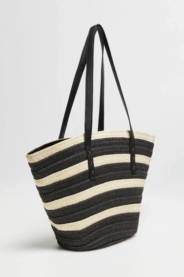 Słomkowa torba w paski czarna