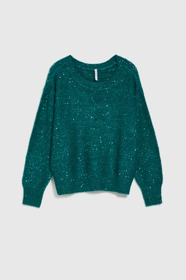 Sweter z cekinami i okrągłym dekoltem zielony