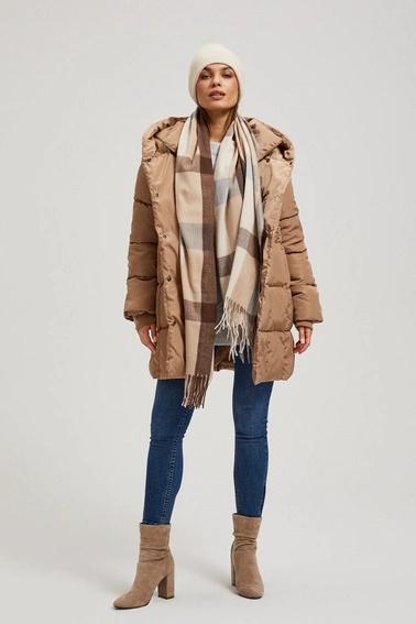 Pikowana kurtka z kapturem ciemnobeżowa