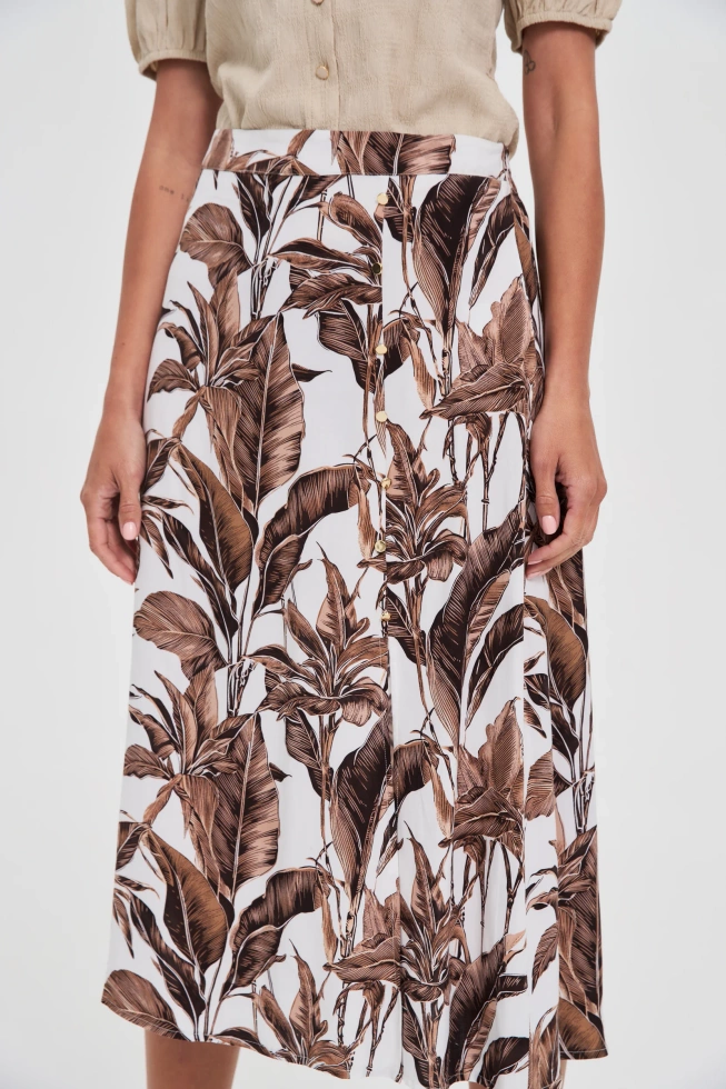 Spódnica midi w roślinny print brązowa