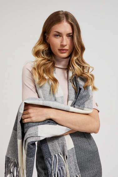 Szal w kratę z frędzlami szary