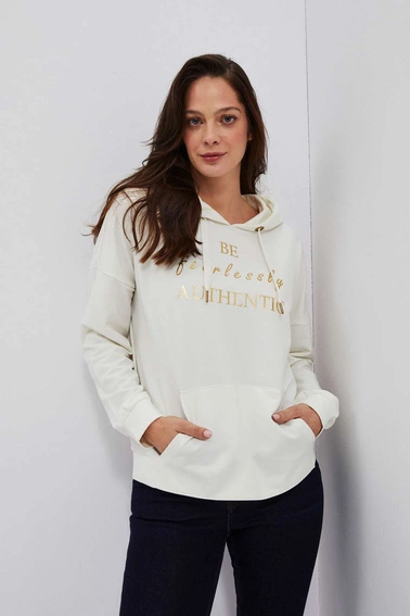 Bluza z kapturem i ozdobnym napisem perłowa