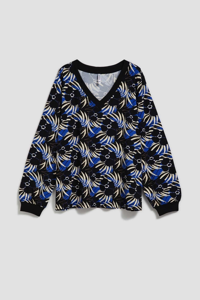Wzorzysta bluzka z dekoltem w serek czarna