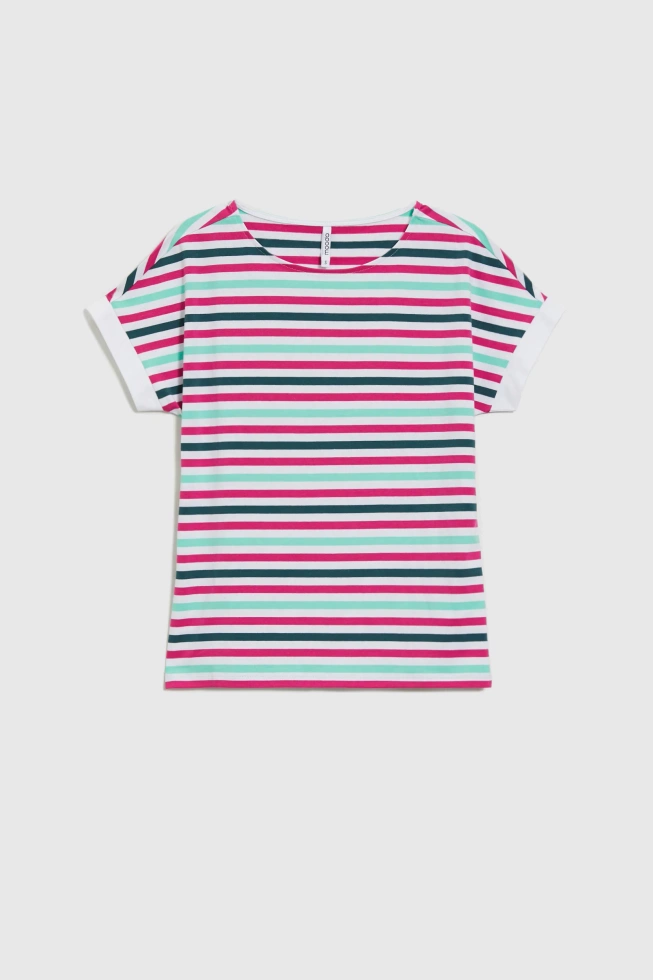 T-shirt w paski fuksjowy