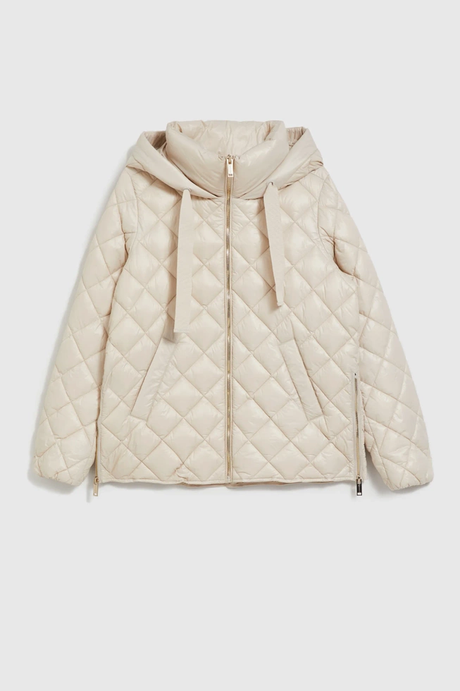 Krótka pikowana kurtka z kapturem beżowa