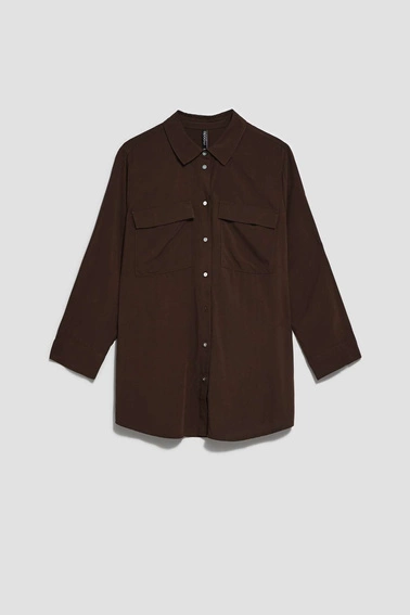 Wiskozowa koszula z kieszeniami ciemnbrązowa