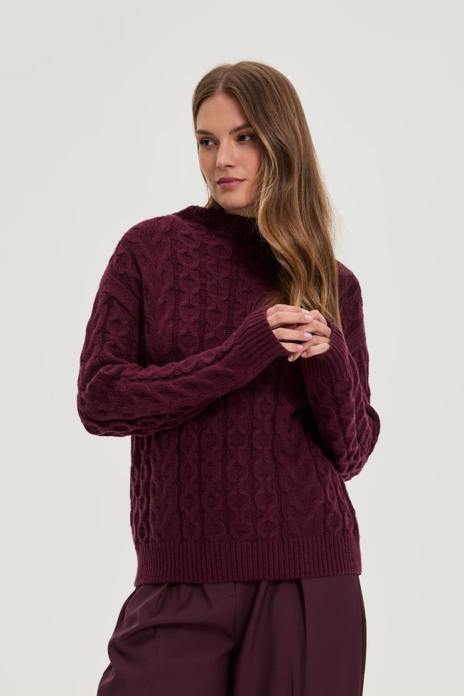 Sweter z ozdobym splotem burgundowy