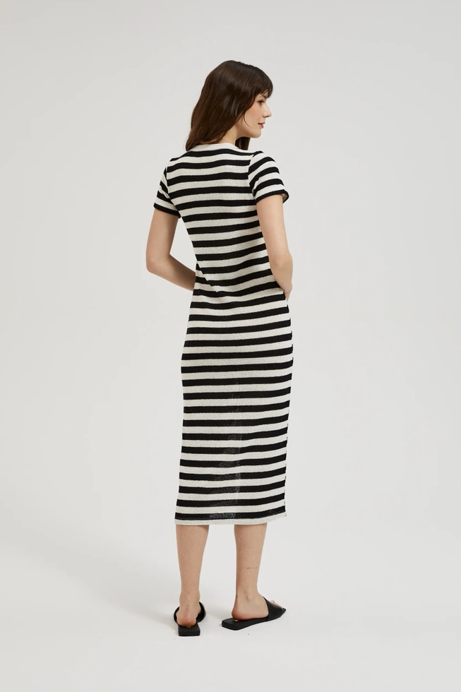 Sukienka w paski zapinana na guziki czarno-beżowa