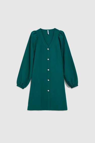 Sukienka z bufiastymi rękawami i ozdobnymi guzikami szmaragdowa