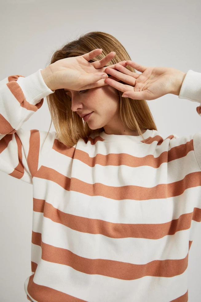 Bluza w paski z bufiastymi rękawami brązowa