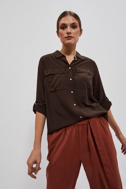 Wiskozowa koszula z kieszeniami ciemnbrązowa
