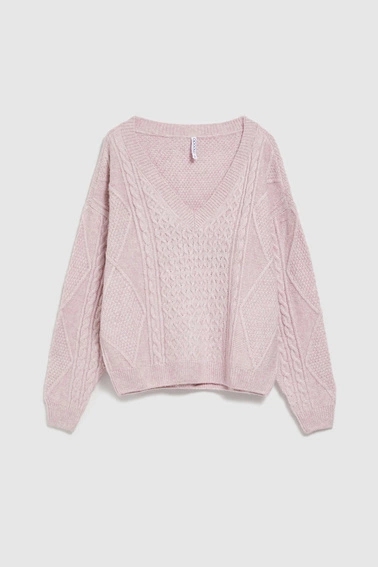 Sweter różowy z dekoltem w serek