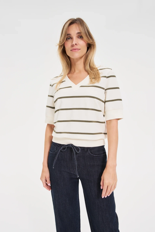 Bluza w paski z krótkimi rękawami ecru