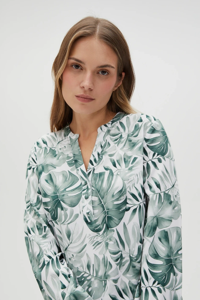 Wiskozowa koszula z tropikalnym wzorem oliwkowa