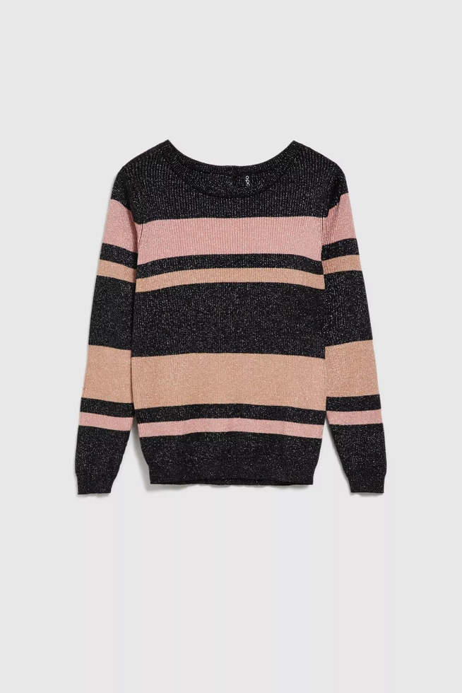 Sweter w paski z metaliczną nitką i okrągłym dekoltem czarny