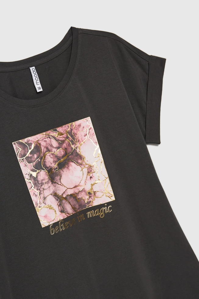 Bawełniana bluzka z nadrukiem i napisem szara