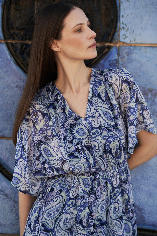 Wzorzysta sukienka przed kolana niebieska