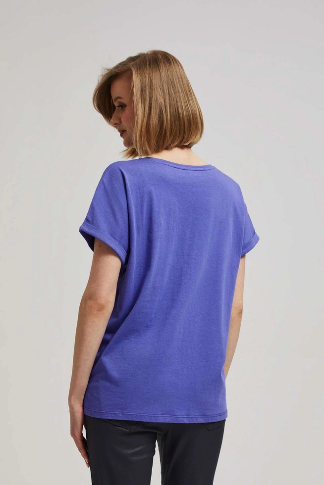 Bawełniany t-shirt z dekoltem w serek fioletowy