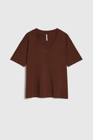 T-shirt z dekoltem w serek brązowy