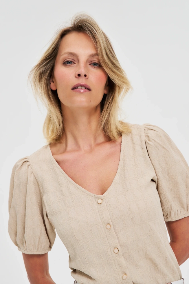 Bluzka z bufiastymi rękawami beżowa