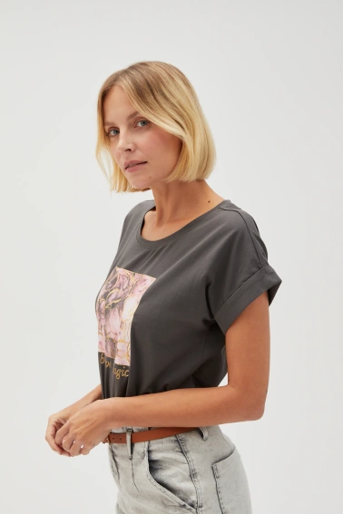 Bawełniana bluzka z nadrukiem i napisem szara