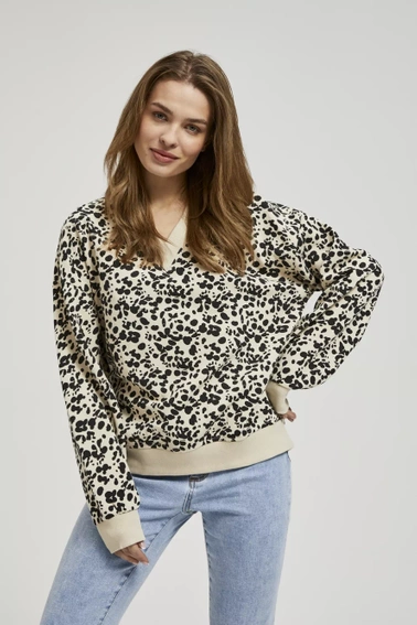 Wzorzysta bluza z dekoltem w serek i długimi rękawami beżowa