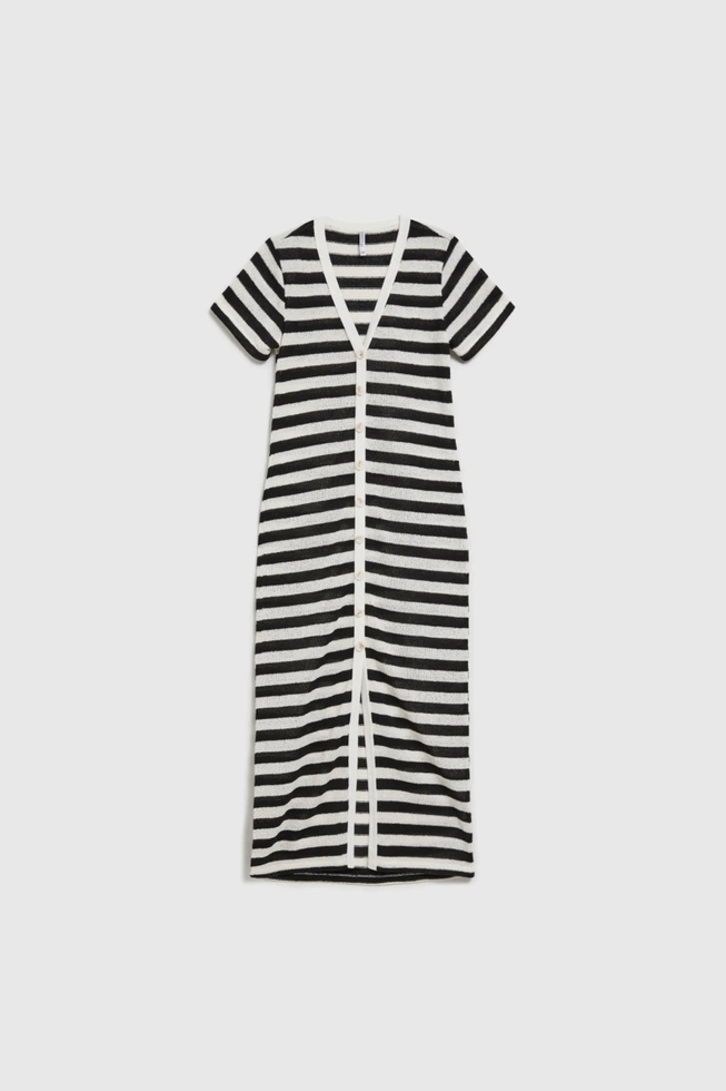 Sukienka w paski zapinana na guziki czarno-beżowa